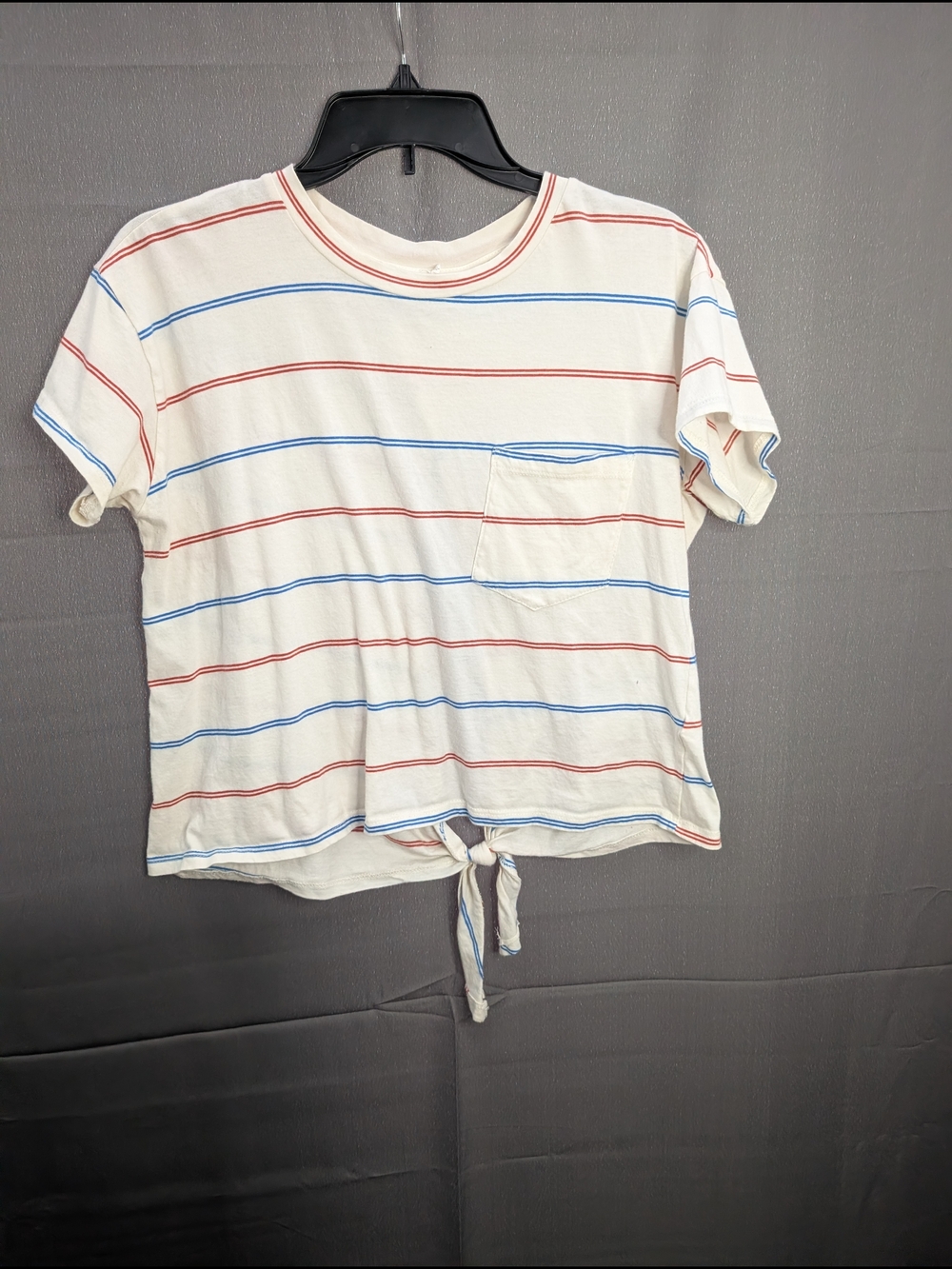 Lush Cream Short Sleeve Tie-back Tee with Blue and Red Stripes